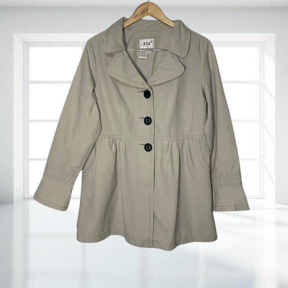 Live a Little Large Khaki Tan Stylish Coat Jacket Cotton Blend Peplum Detail - Picture 2 of 11